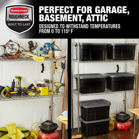 Rubbermaid Roughneck next to moving box to show 14-gallon scale and packing convenience