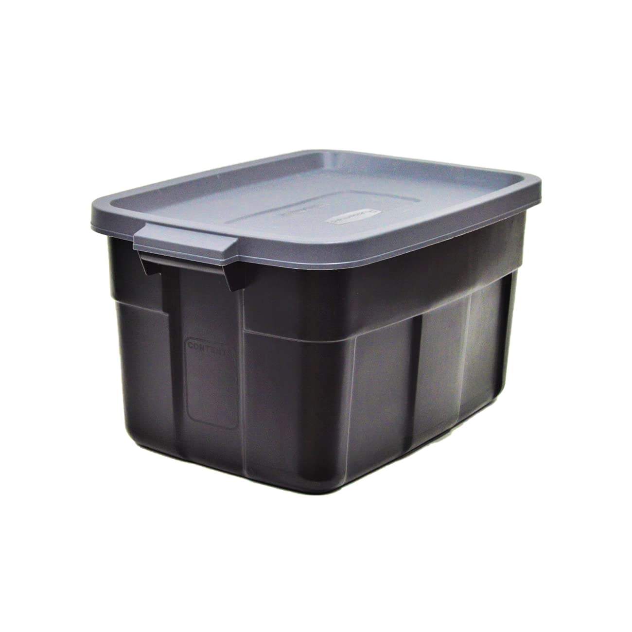 Rubbermaid Roughneck stacked in garage demonstrating space-saving stable stacking advantage