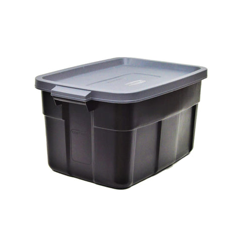 Rubbermaid Roughneck stacked in garage demonstrating space-saving stable stacking advantage