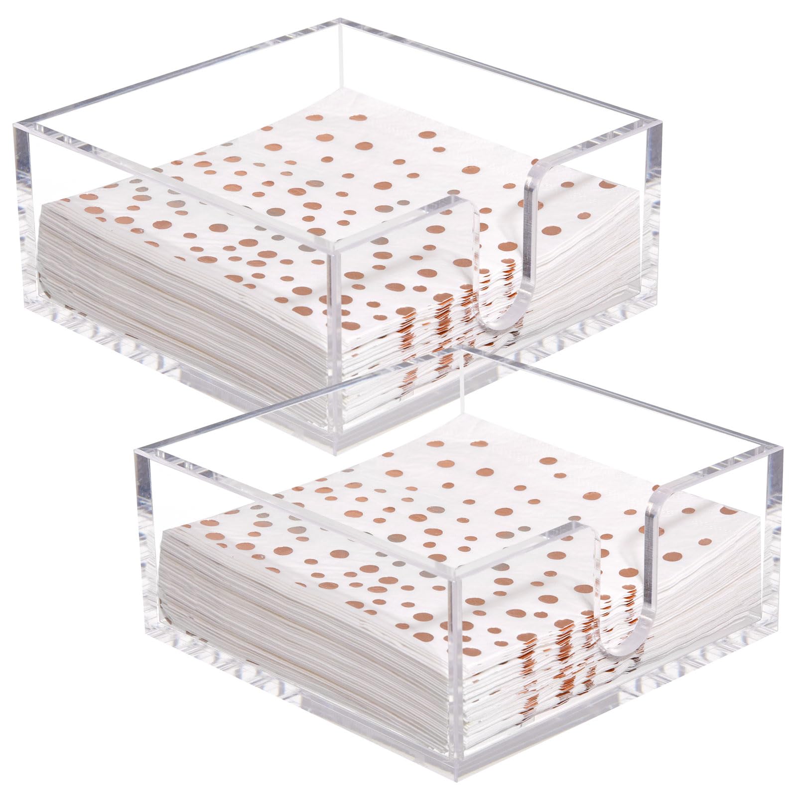 Rubtlamp front view of clear acrylic napkin holder showing neat stack benefit
