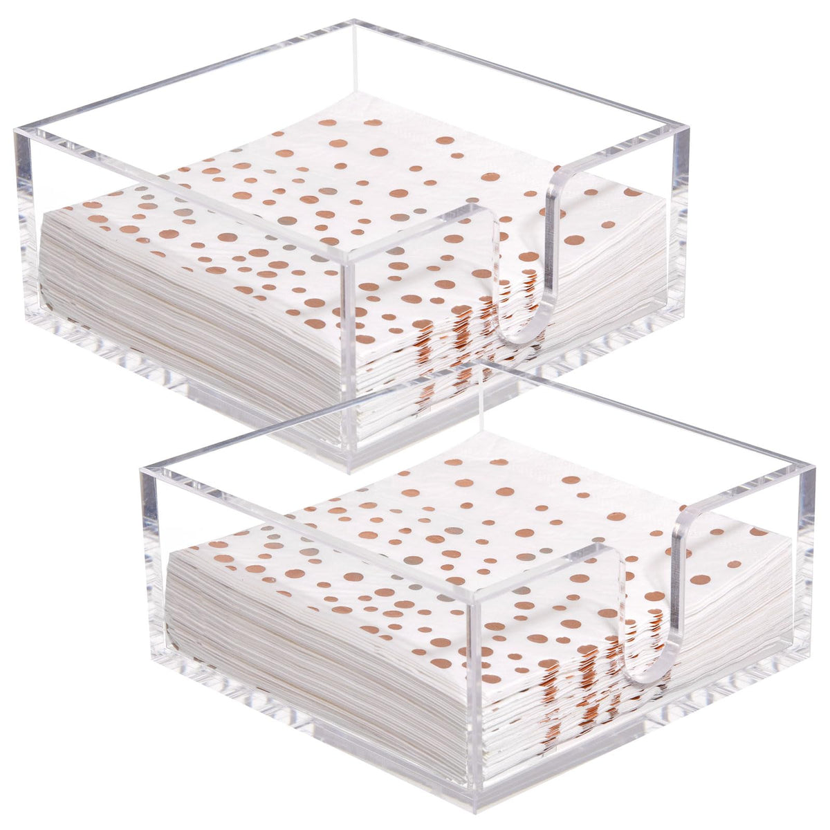 Rubtlamp front view of clear acrylic napkin holder showing neat stack benefit