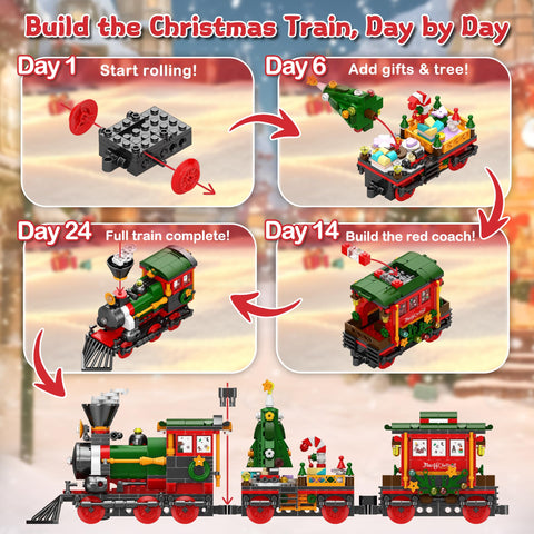 Rubypop completed Christmas train set displayed on a mantel showing colorful carriages