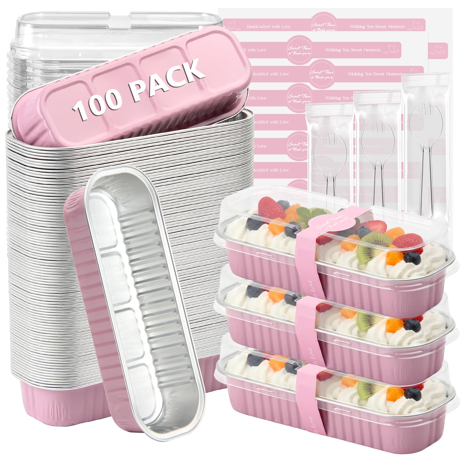 Ruckae front view of 100-pack pink mini loaf pans showing packaging and quantity benefit