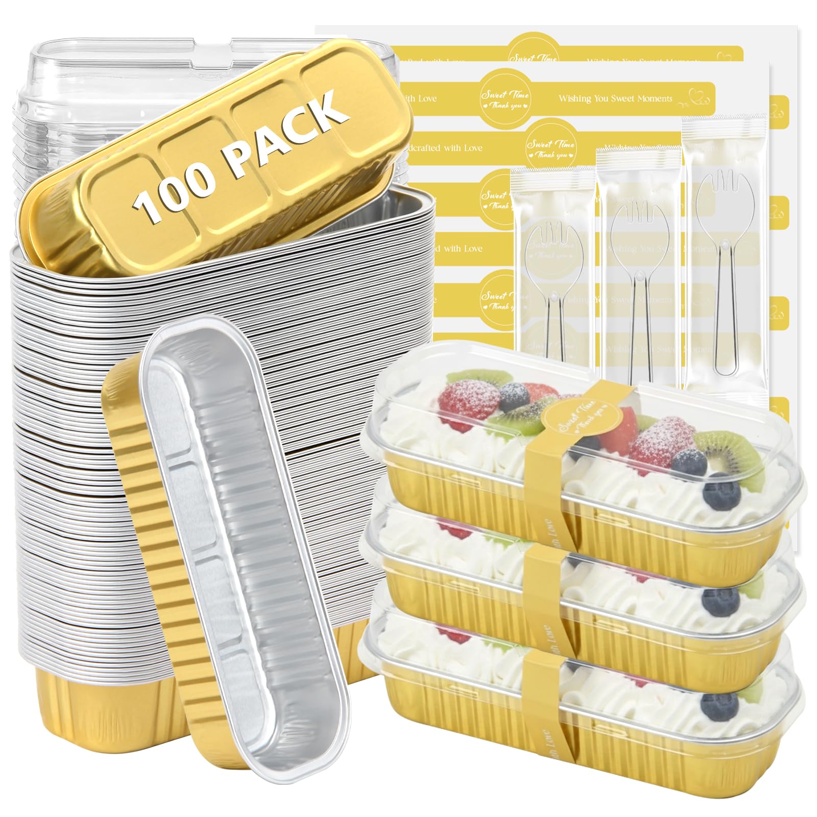 Ruckae front packaging showing 100 mini loaf pans and included lids for event-ready convenience