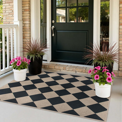 Rugalia front view showing black checkered design and entryway appeal