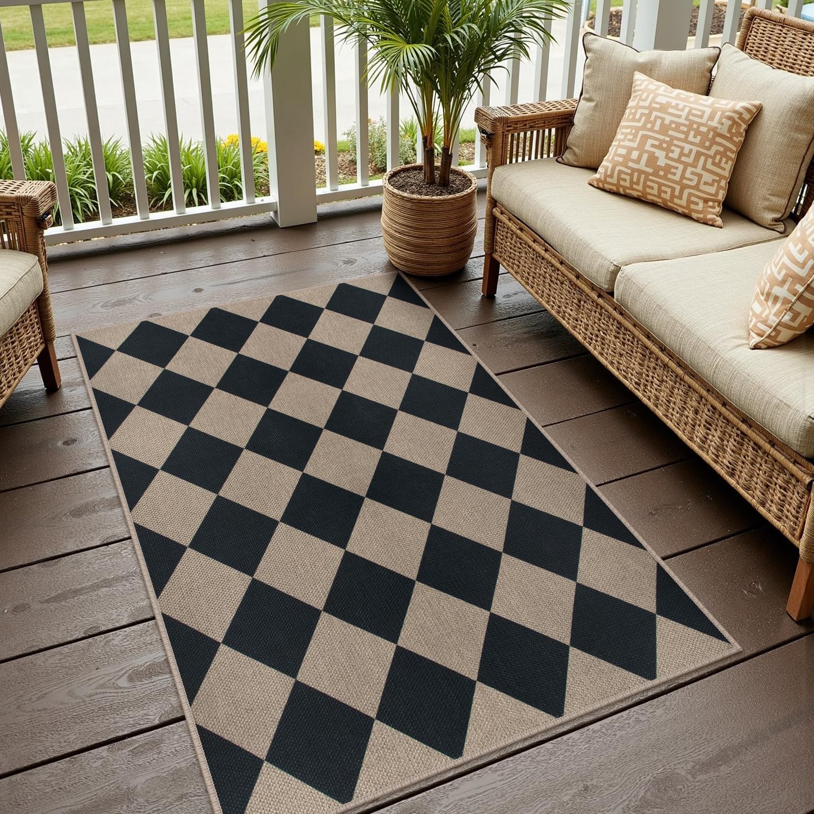 Rugalia on covered patio illustrating outdoor-ready farmhouse style