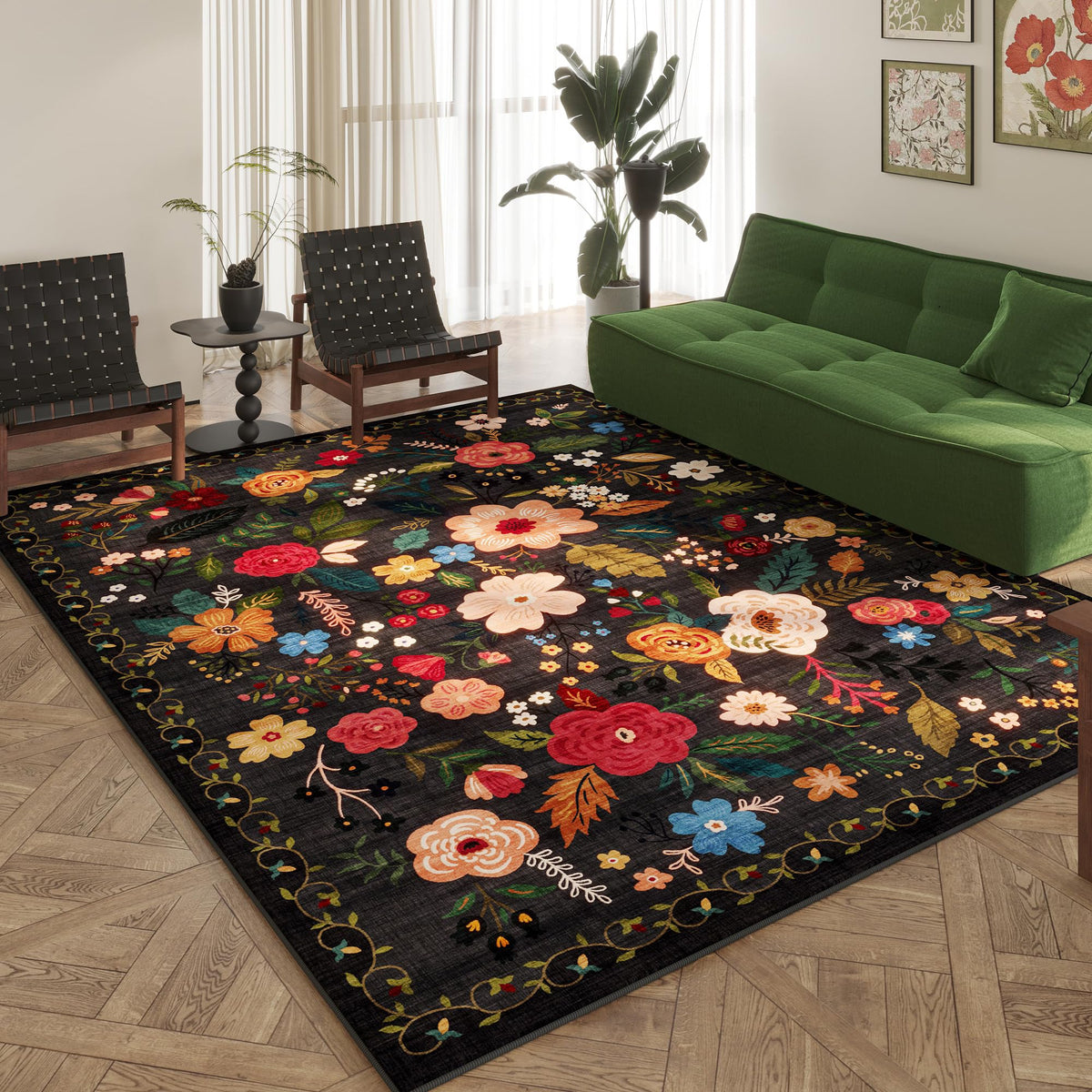 Rugcomf front view 8x10 black rug showing full medallion design and balance