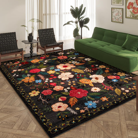 Rugcomf front view 8x10 black rug showing full medallion design and balance
