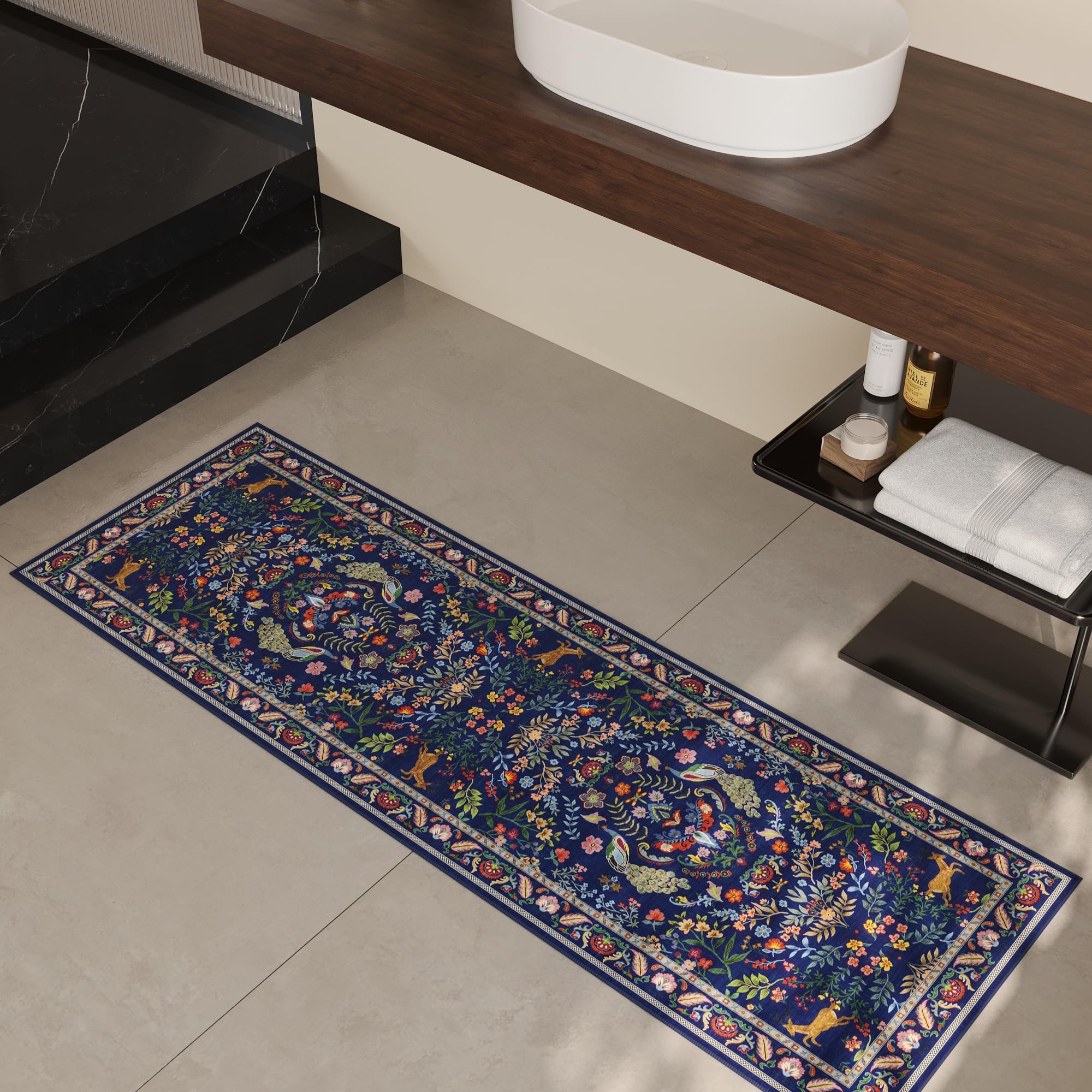 Rugcomf rug edge and 0.25-inch pile profile showing low height that prevents door obstruction benefit