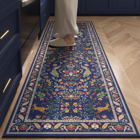 Rugcomf front view blue floral runner showing vibrant pattern and shape benefit: instant decor upgrade