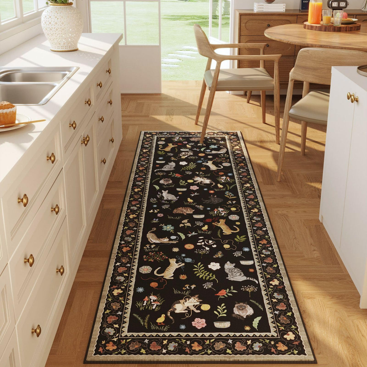 Rugcomf runner front view showing full floral cat design and black tones, decorative impact