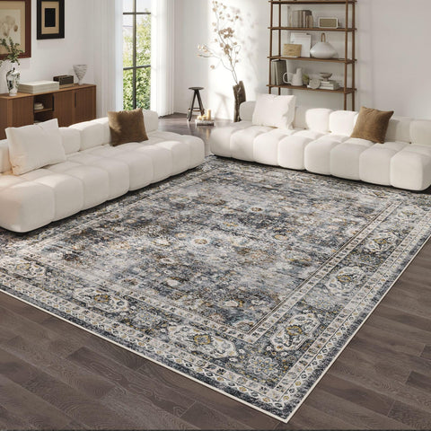 Rugcomf front view of 6x9 grey rug showing vintage floral and cozy look
