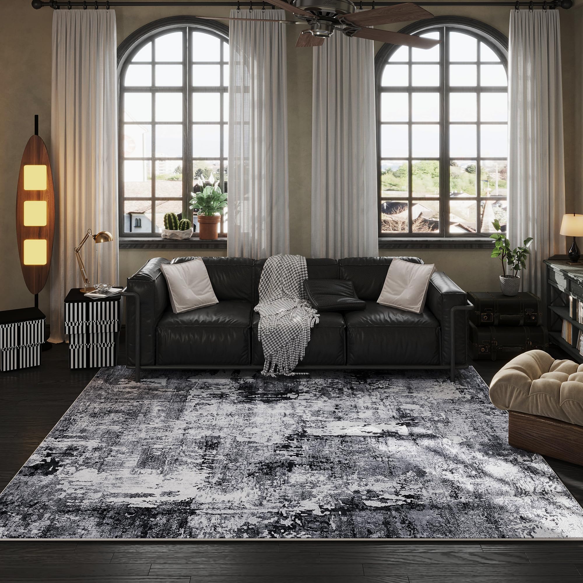Rugcomf 5x7 in staged living room, demonstrates scale and decor compatibility