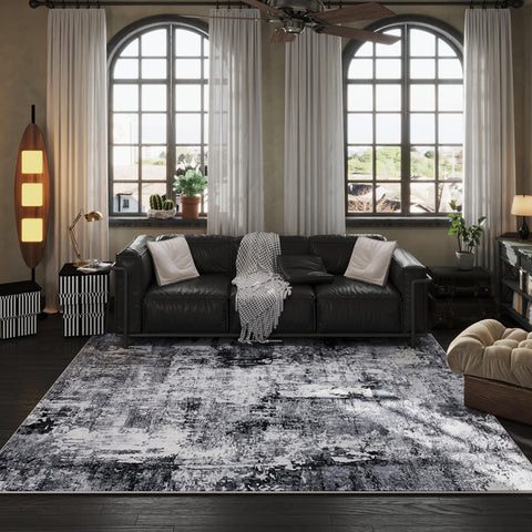 Rugcomf 5x7 in staged living room, demonstrates scale and decor compatibility