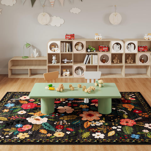 Rugcomf with child and pet playing to show comfort and easy cleaning