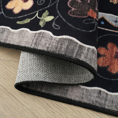 Rugcomf detailed shot of digital floral and cat print highlighting vivid pattern clarity