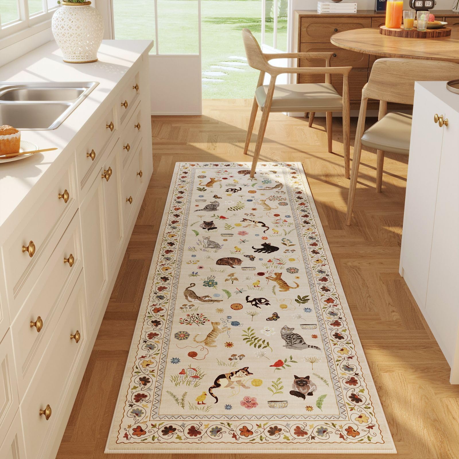 Rugcomf front view of beige floral cat runner showing full pattern and color
