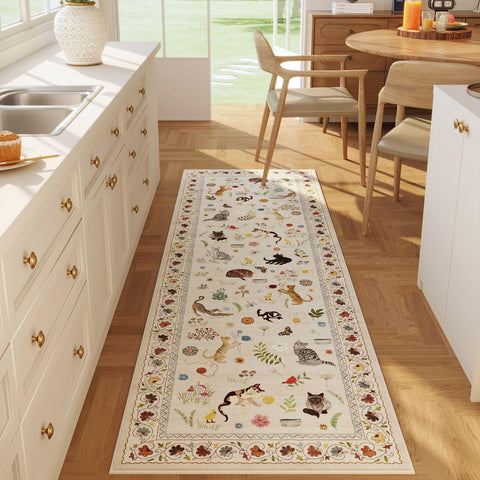 Rugcomf front view of beige floral cat runner showing full pattern and color