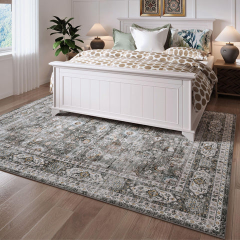 Rugcomf placed under sofa illustrating correct 6x9 scale and fit