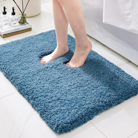 Ruggnovea front view blue bath mat showing plush comfort