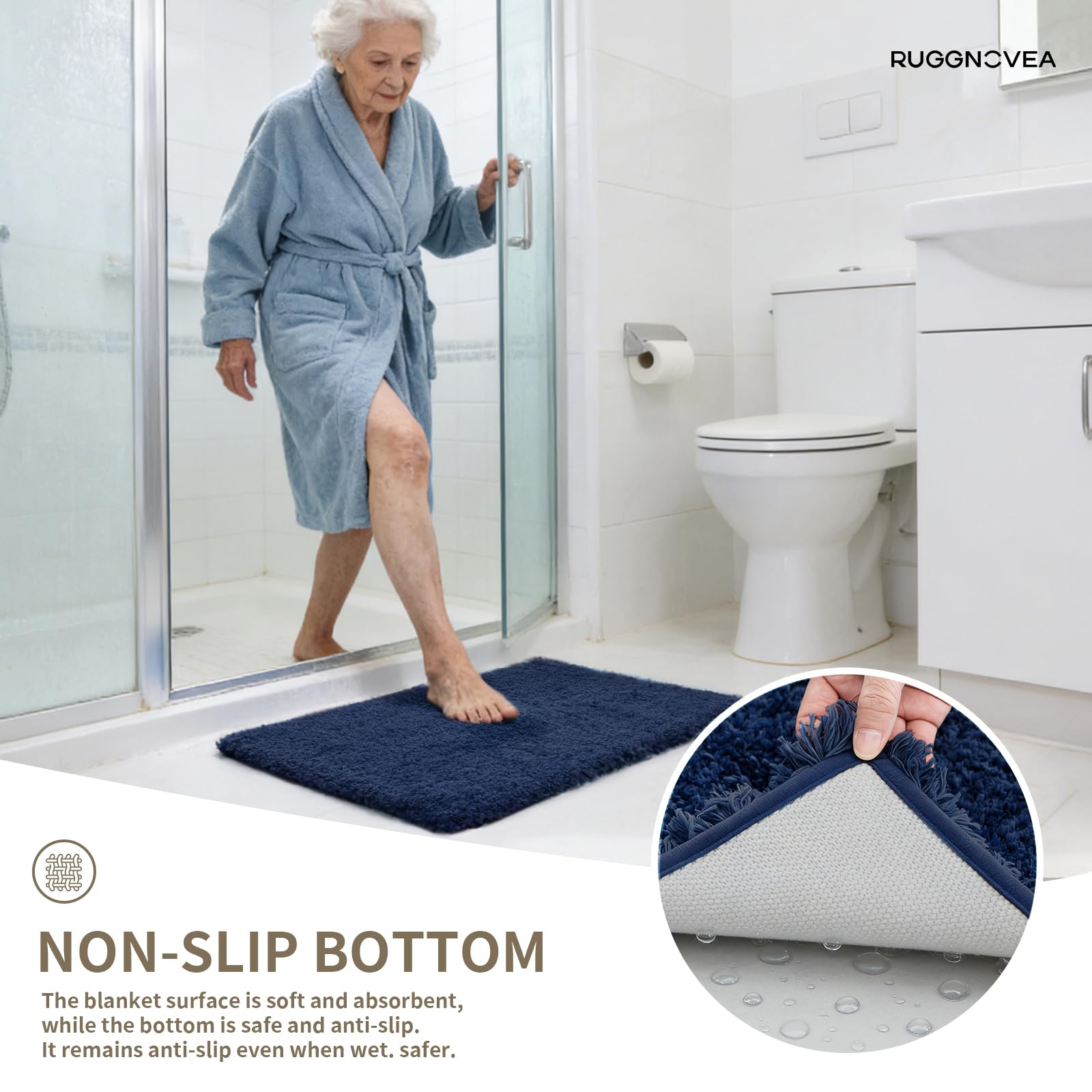 Ruggnovea next to toilet showing 24x22 inch size fit