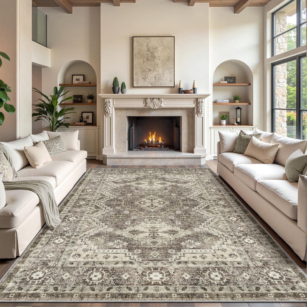 Rugland front view of 8x10 ivory rug showing vintage design and versatile style
