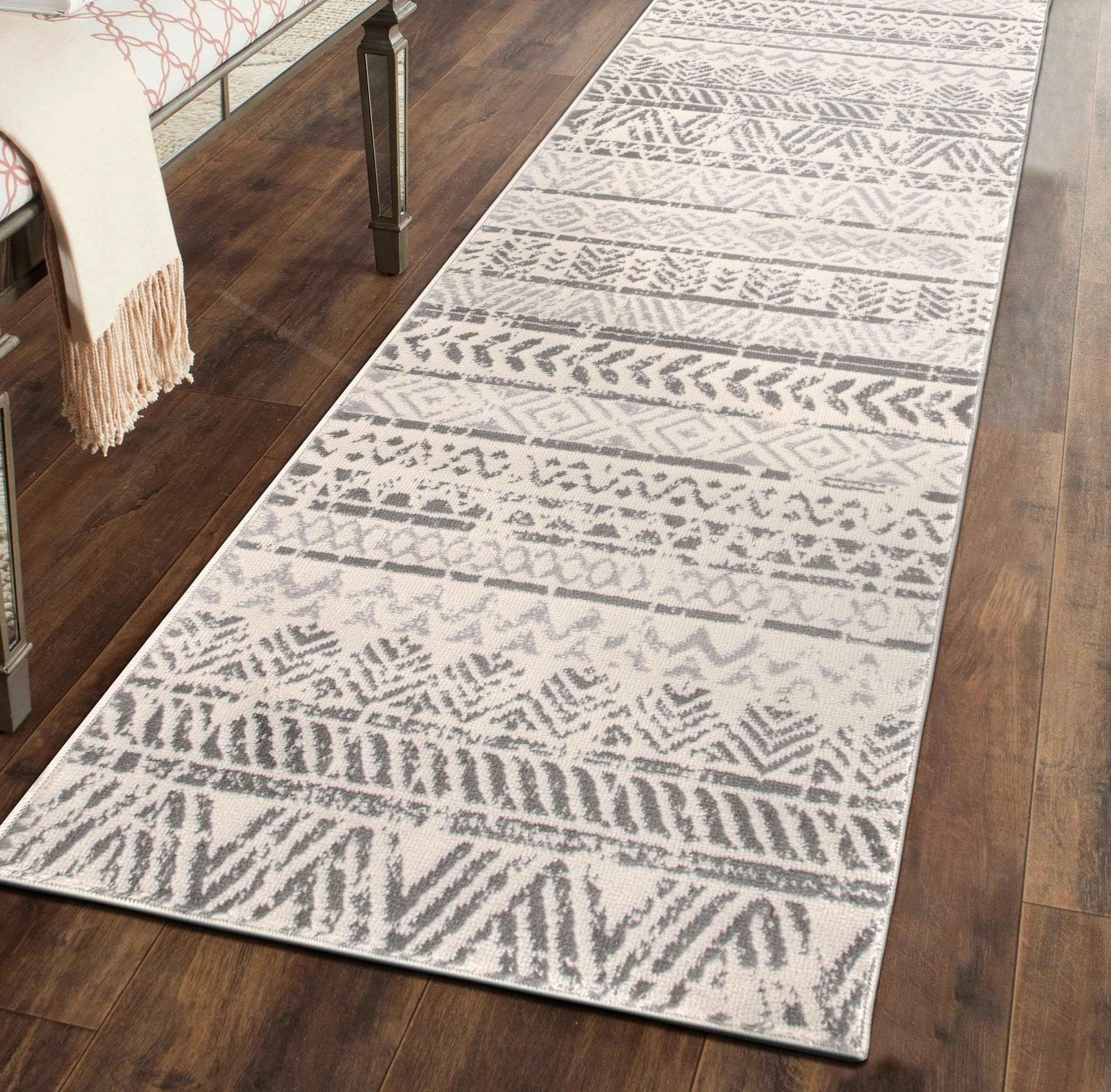 Rugshop front view of runner showing full tribal geometric pattern and balanced gray tones for cohesion