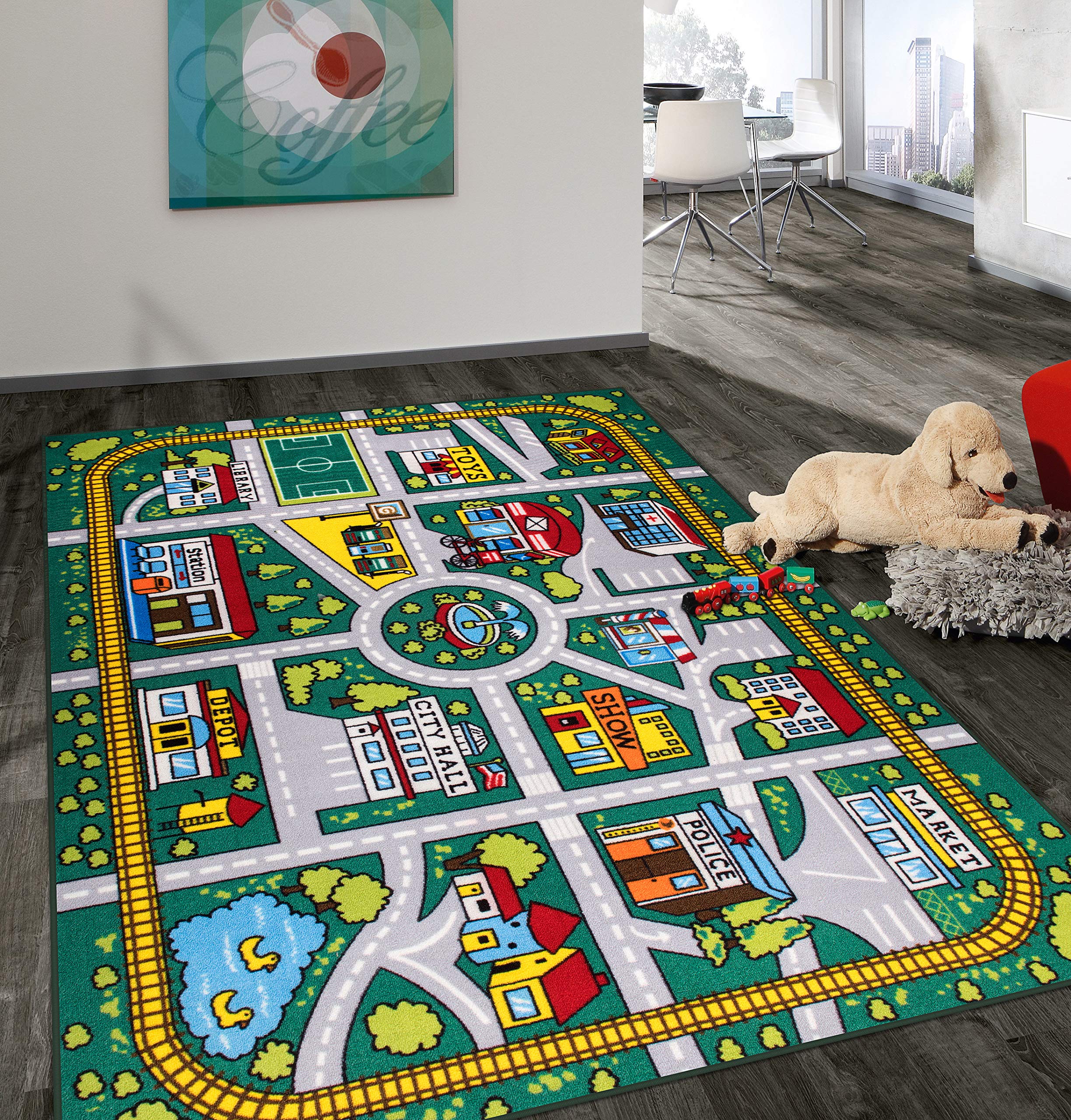 Rugshop kids road front view showing green road design and playful graphics for playtime