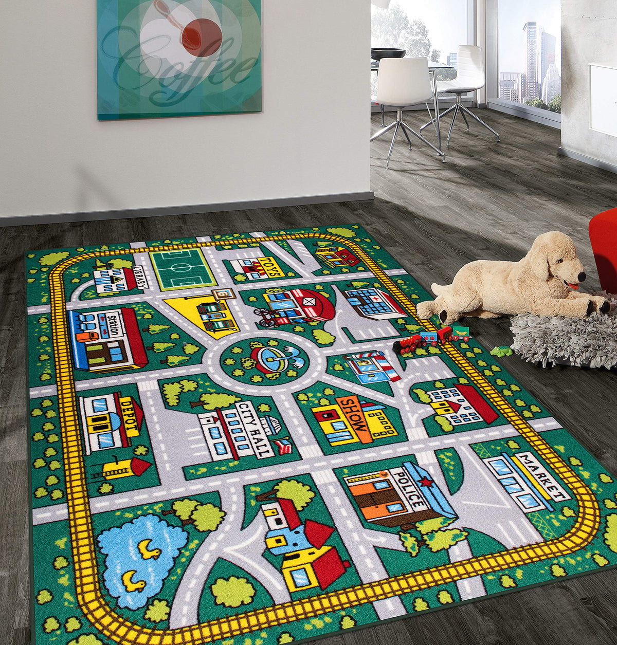 Rugshop kids road front view showing green road design and playful graphics for playtime