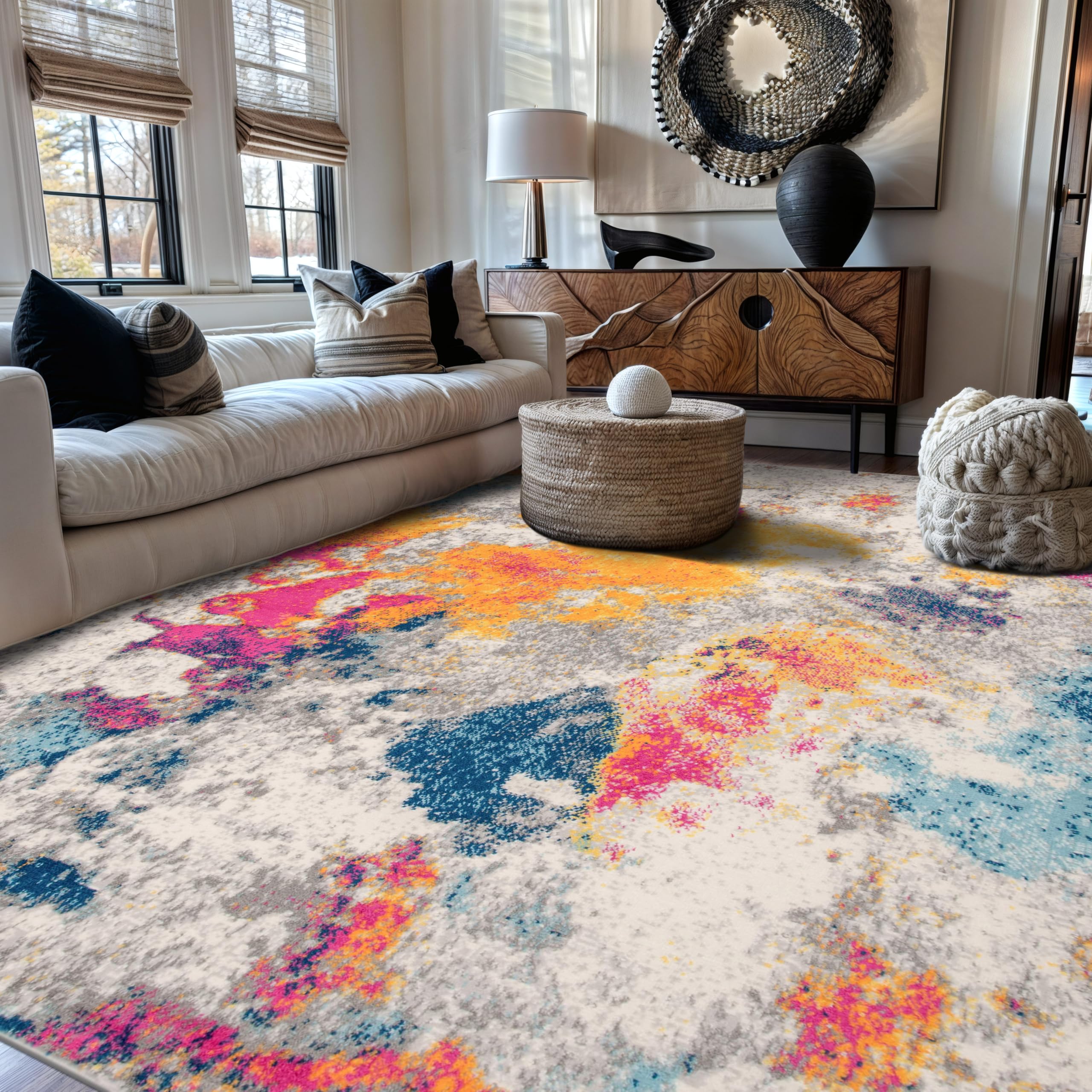 Rugshop front view of rug showing multi-color abstract design and scale benefit