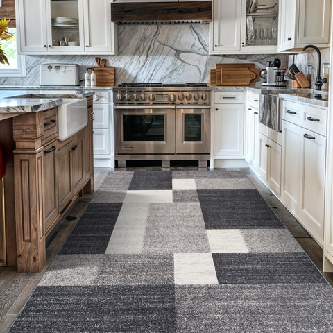 Rugshop front view of gray modern boxes rug shows balanced pattern and visual calm
