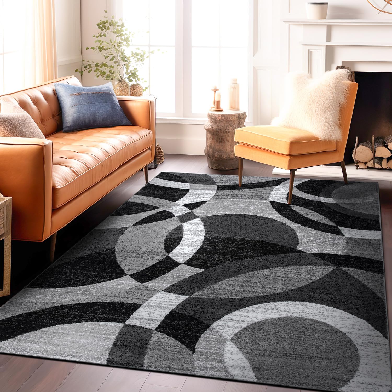 Rugshop front view of gray overlapping circles rug shows modern style and durable look