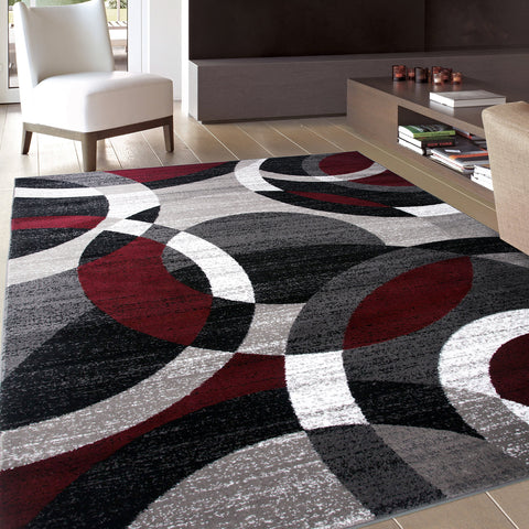 Rugshop front view of geometric rug showing bold red and neutral tones and visual impact