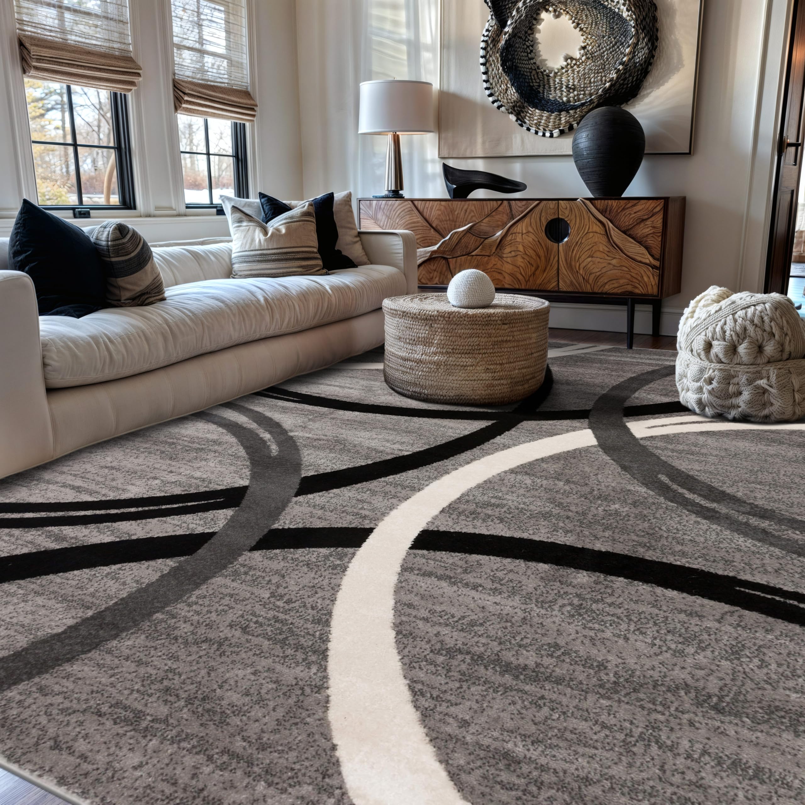 Rugshop front view of gray wavy circles rug showing overall design and balance