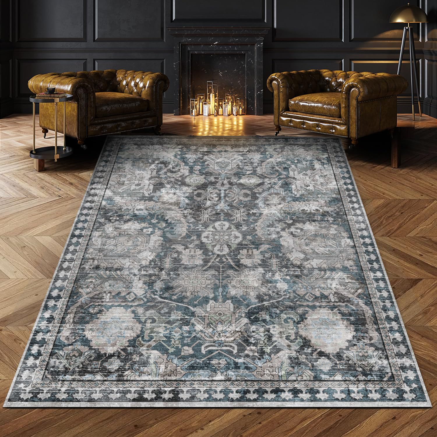 RUGSURE front view showing medallion and vintage pattern, enhances room style