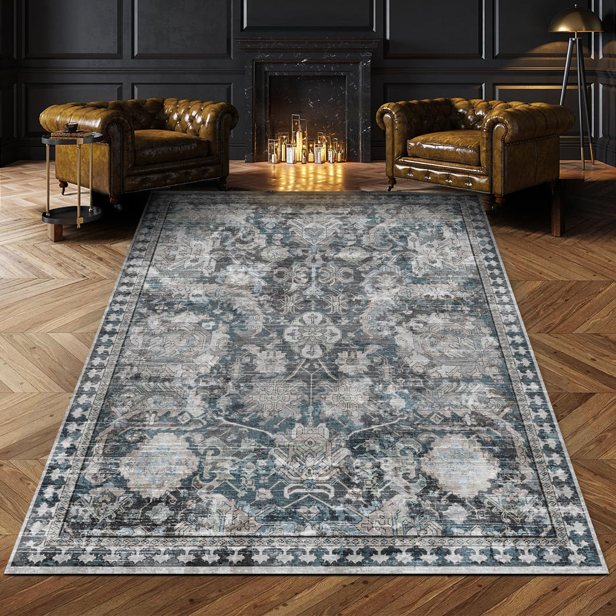 RUGSURE front view showing medallion and vintage pattern, enhances room style