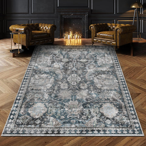 RUGSURE front view showing medallion and vintage pattern, enhances room style