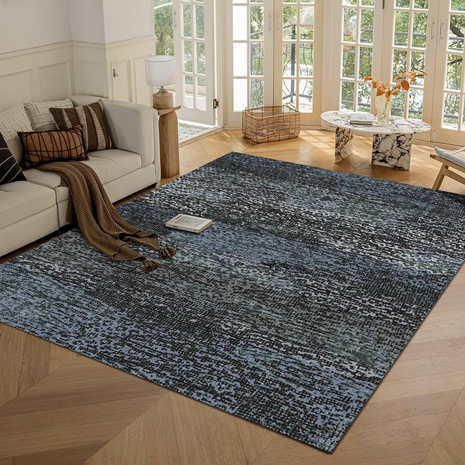 RUGSURE front view showing darkgrey blue vintage pattern and instant style