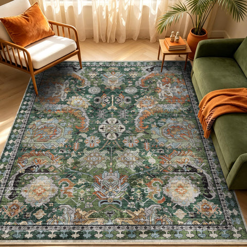 RUGSURE front view of green 5x7 rug showing vintage medallion and benefit of timeless style
