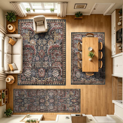 RUGSURE beside a sofa to show 3'x5' scale and practical fit in small spaces