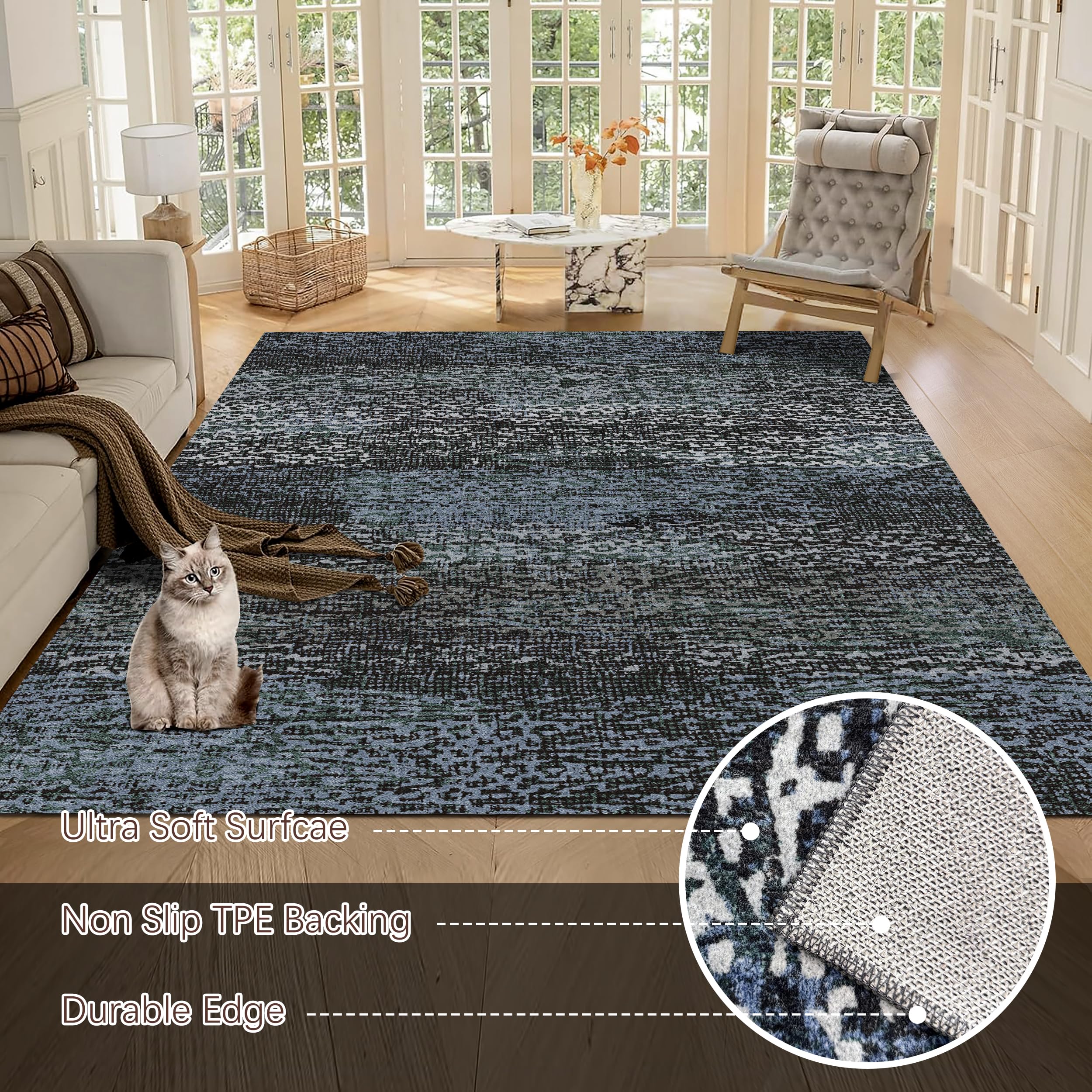 RUGSURE with pet and child on rug demonstrating durability and easy care