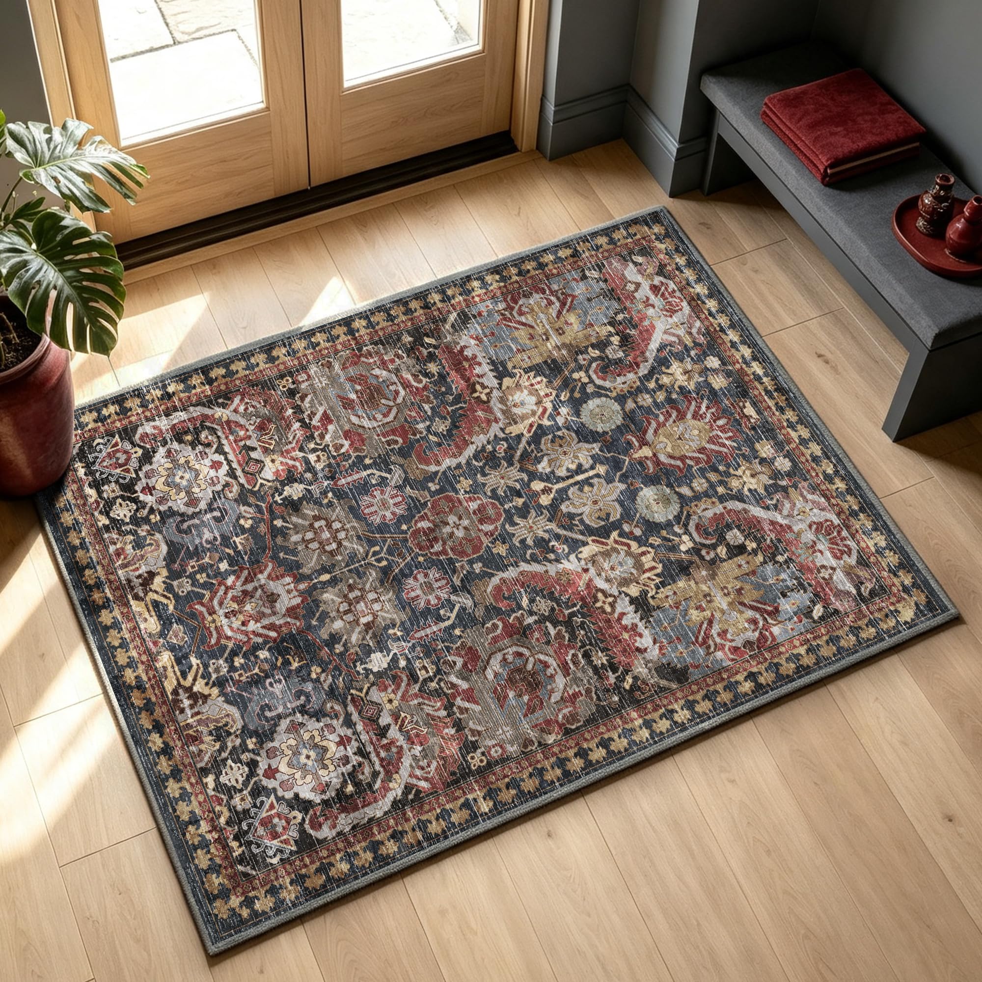 RUGSURE front view showing rust vintage medallion and overall pattern benefits room warmth