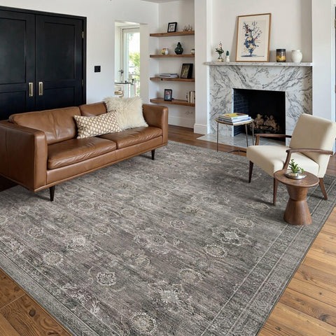 Rugxara front view of taupe grey rug showing pattern and size benefit