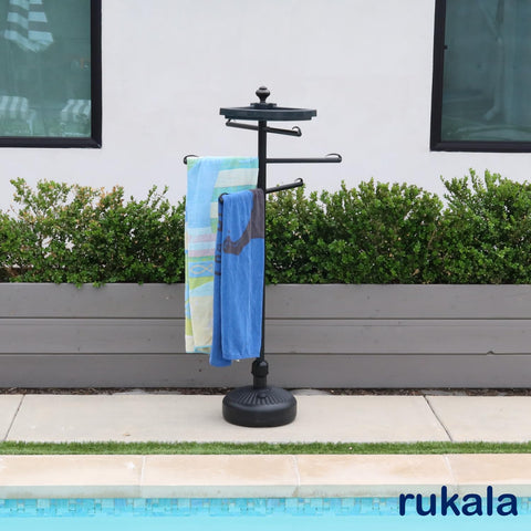 Rukala towel rack next to chair showing full-size scale and capacity benefits