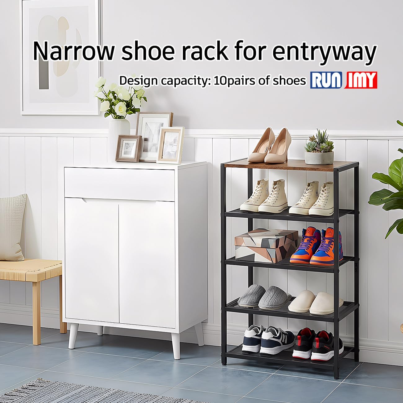 RUNJIMY close-up of metal shelf grid highlighting durable shoe support and airflow