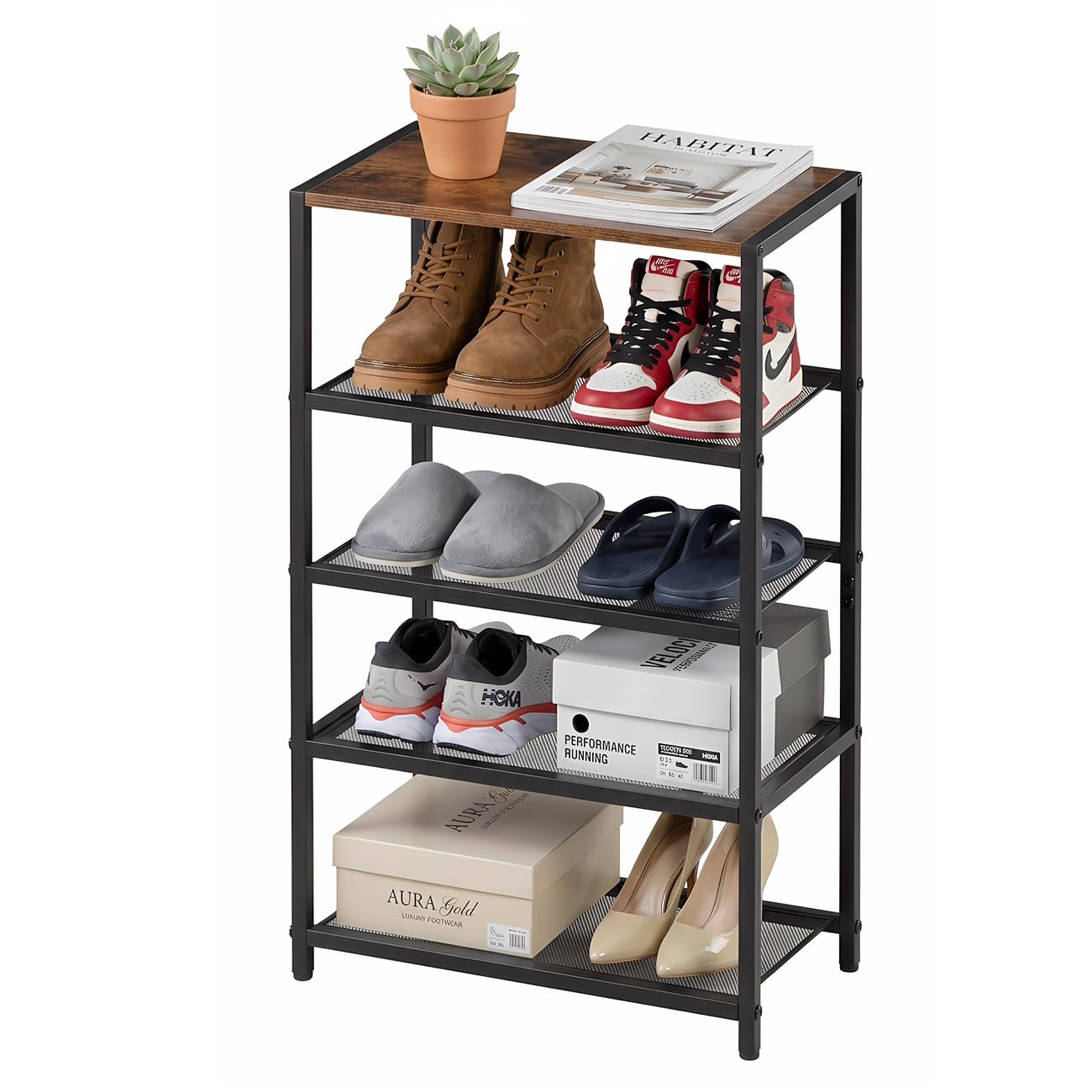 RUNJIMY front view showing wood top and five-tier storage benefit: compact organization