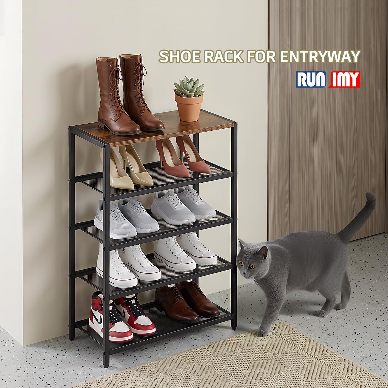 RUNJIMY in apartment hallway lifestyle shot showing functional entryway solution