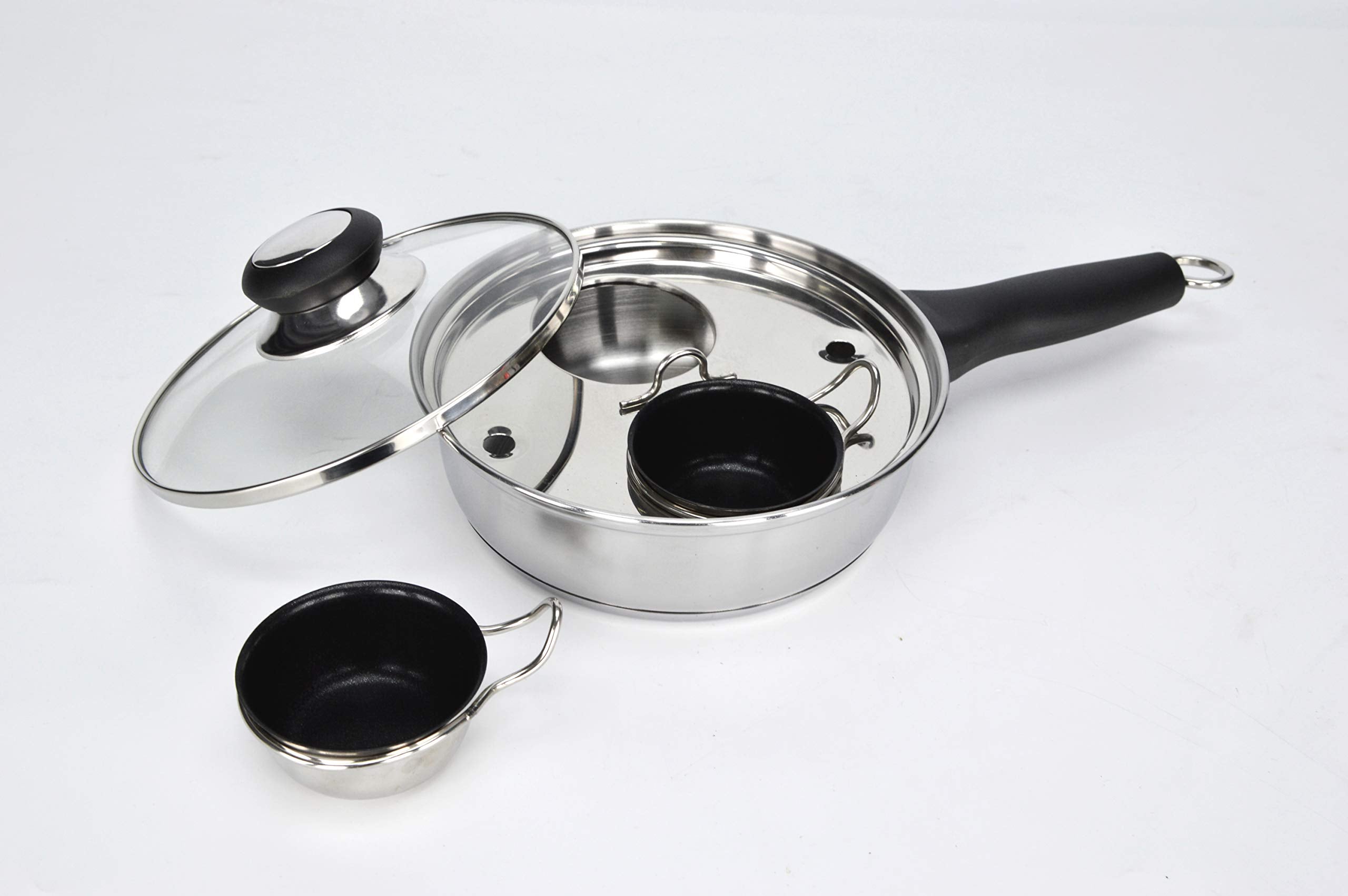 RUNZI front view of stainless steel poacher pan showing polished finish and lid for even cooking