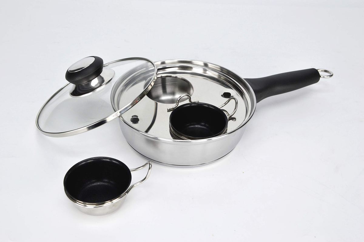 RUNZI front view of stainless steel poacher pan showing polished finish and lid for even cooking