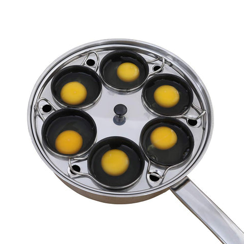 RUNZI front view of stainless steel poacher pan showing polished body and handle benefit quick heating